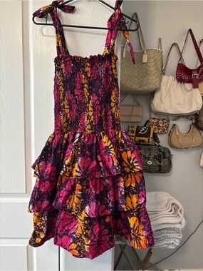 Women’s Shoulder Ruffled Floral Dress in Fuchsia & Yellow